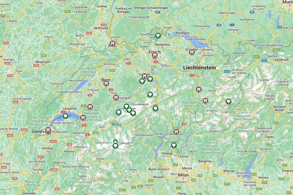 map of the most popular landmarks in switzerland