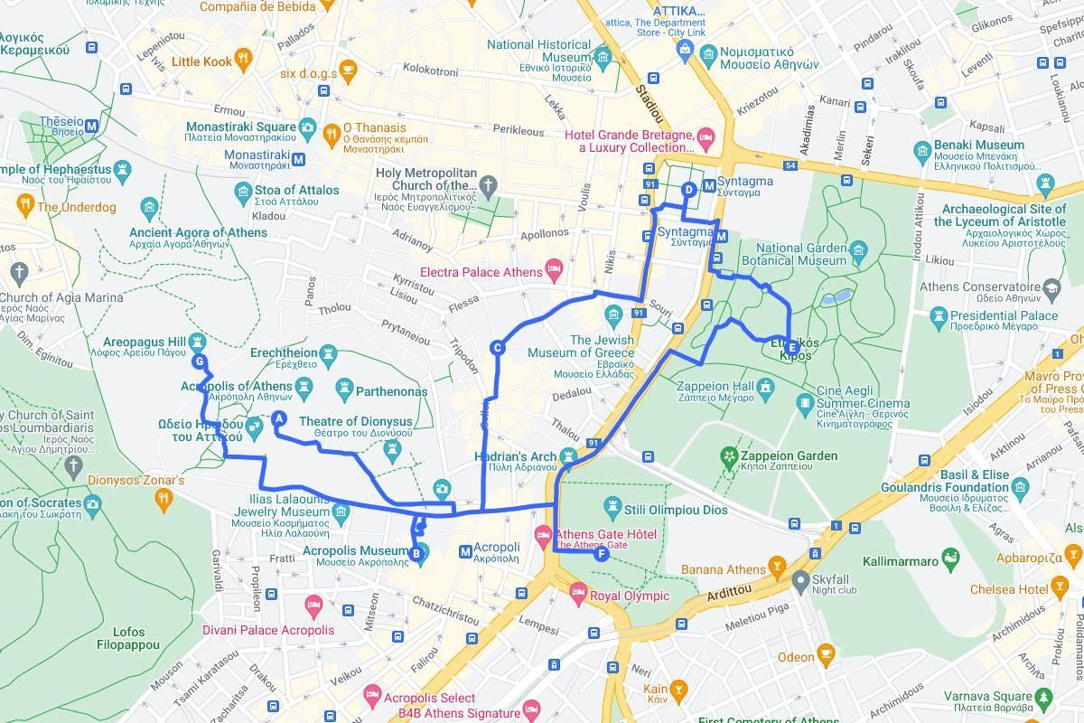 athens 1 day itinerary map