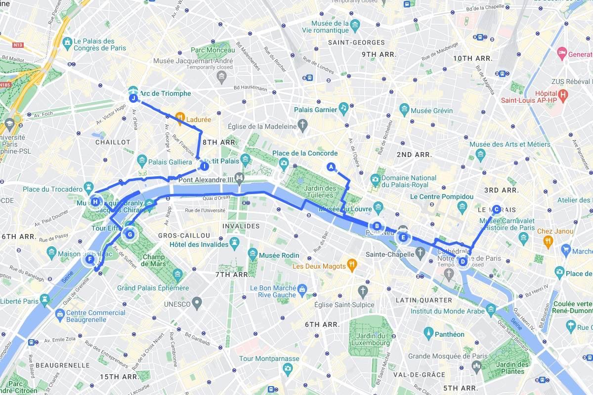 one day in paris itinerary map