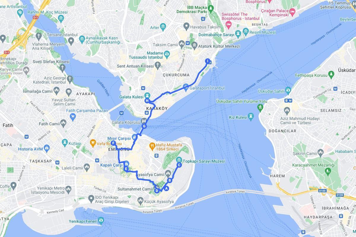 1 day istanbul itinerary map