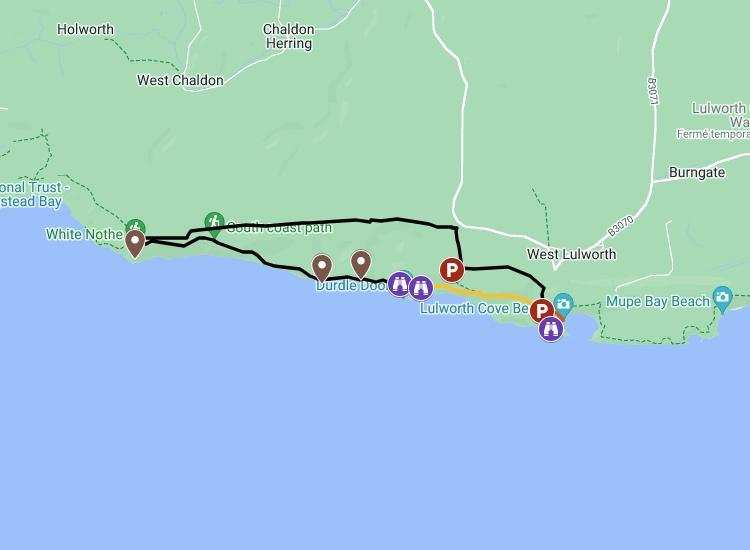 map of lulworth cove to durdle door walk